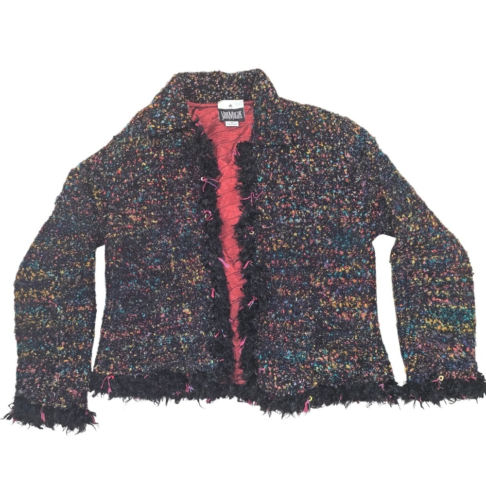 VTG Multicolor Confetti Boucle Knit Fringed Open Front Jacket M Phoebe 90s Boho